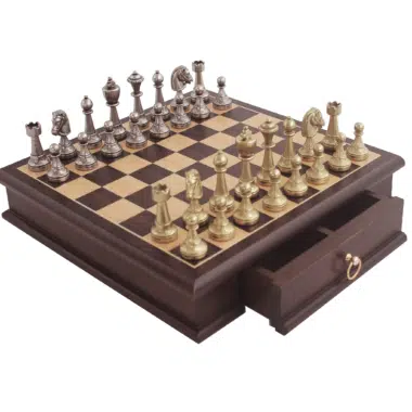 Ensemble Staunton Mix III Echiquier en Bois d'Acajou et Erable avec Compartiment de Rangement & Jeu d'Echecs en Métal Massif