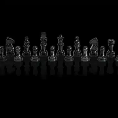 Pièces d'échecs noires du Chess Genius Pro alignées sur fond noir