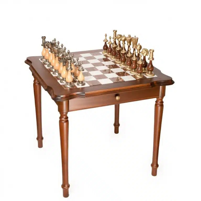 Ensemble Giant Oriental Haut de Gamme II Table en Bois, Albâtre de Toscane et Marbre de Carrare & Jeu d'Echecs en Bois et Laiton Massif