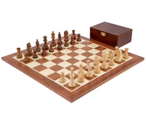 Ensemble Grand Championship Echiquier en Bois d’Erable et Acajou, Jeu d’Echecs en Bois de Rose & Coffret de Rangement en Bois de Bouleau