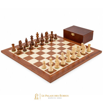 Ensemble Grand Championship Echiquier en Bois d&rsquo;Erable et Acajou, Jeu d&rsquo;Echecs en Bois de Rose & Coffret de Rangement en Bois de Bouleau