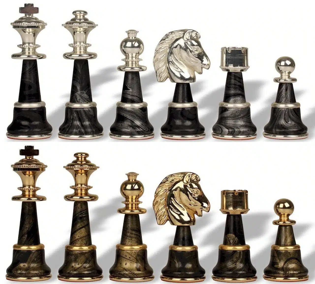Jeu d'Echecs en Bois et Laiton Massif Plaqué Or et Argent Staunton Fantasy XL - Image 5