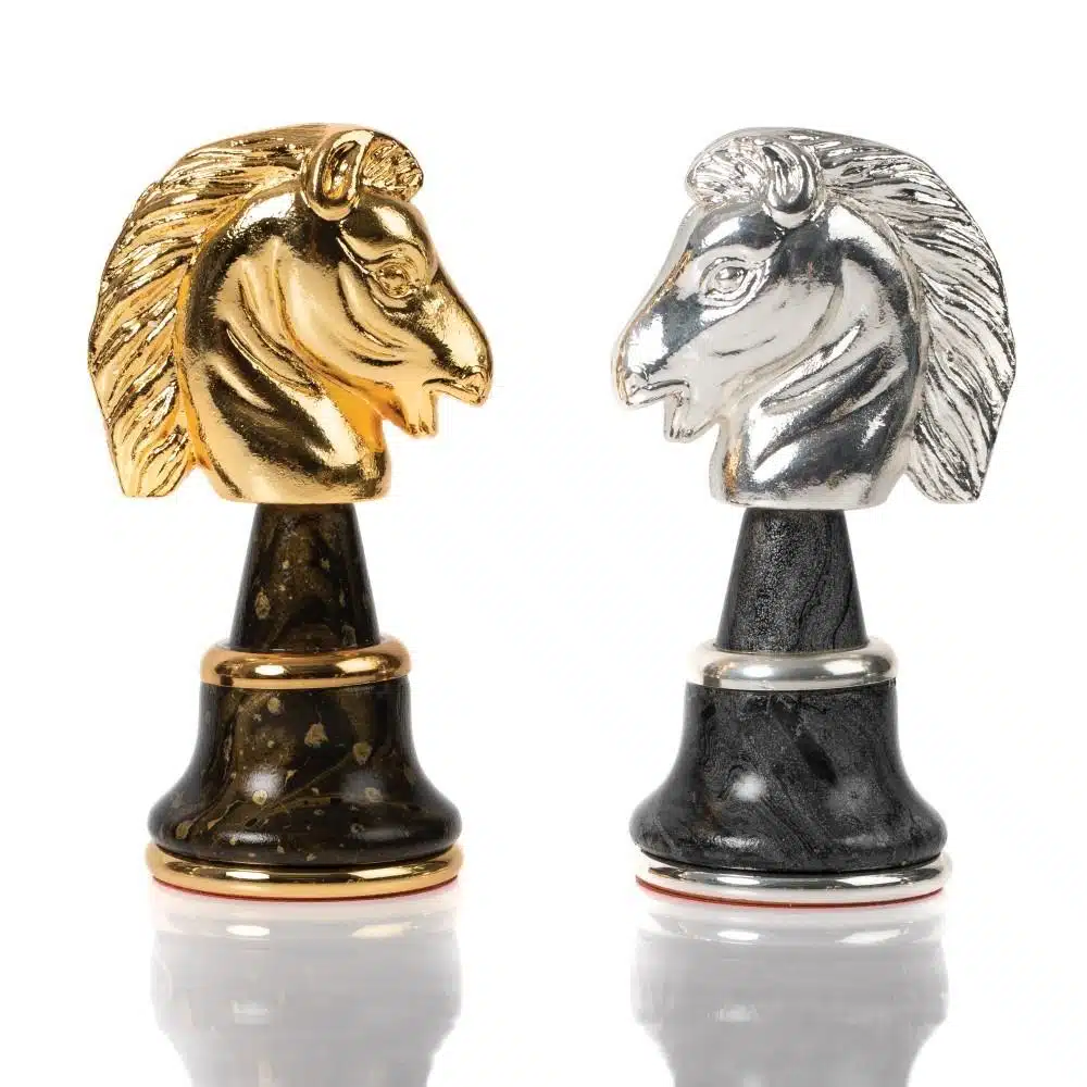 Jeu d'Echecs en Bois et Laiton Massif Plaqué Or et Argent Staunton Fantasy XL - Image 11
