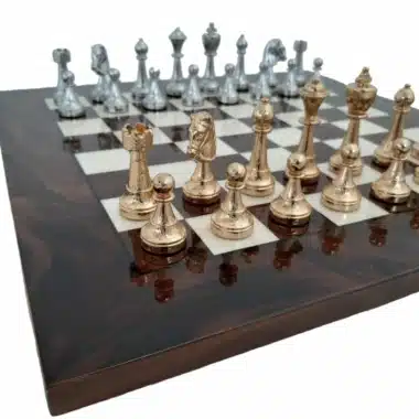 Alternative view of Ensemble Classic Flower 6 Echiquier en Ronce de Noyer et Jeu d'Echecs en Métal Plaqué Or et Argent