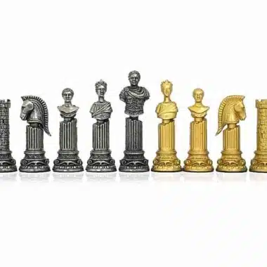 Ensemble "Empire Romain III" Echiquier Grec en Bois Massif Blanc & Jeu d'Echecs en Métal Massif