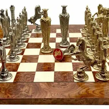 Ensemble Florentine Renaissance Echiquier en Bois d'Orme et de Bruyère & Jeu d'Echecs en Métal - Image 5