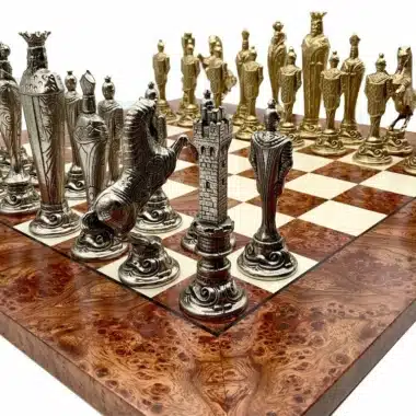 Ensemble Florentine Renaissance Echiquier en Bois d'Orme et de Bruyère & Jeu d'Echecs en Métal - Image 4