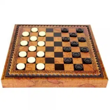 Plateau de dames marqueté avec pions noirs et blancs disposés pour la partie
