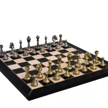 Ensemble Staunton Mix VIII Echiquier en Cuir et Jeu d'Echecs en Métal