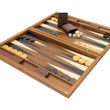 Backgammon York de Luxe ouvert avec pions, gobelets et dés en bois
