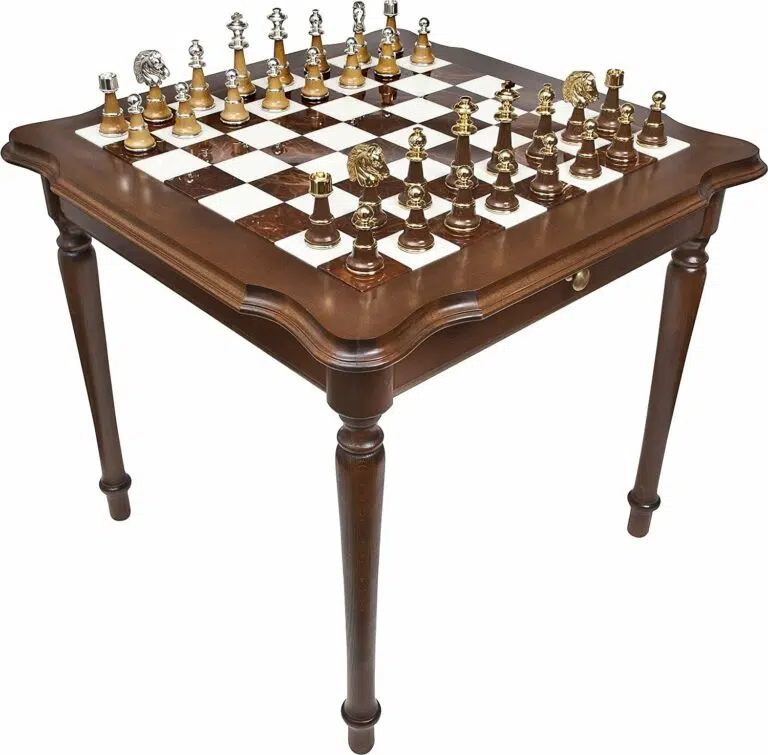 Ensemble Staunton XL IV Table d'Echec en Bois et Marbre de Carrare & Jeu d'Echecs en Bois et