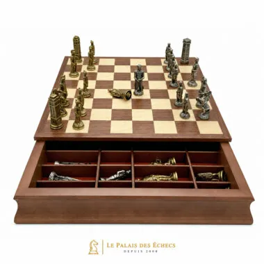 Ensemble Romains vs Barbares VI en métal sur échiquier avec coffret de rangement ouvert