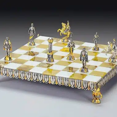 Ensemble "Renaissance Florentine" Echiquier et Jeu d'Echecs en Bronze, Onyx et Or 24 Carats