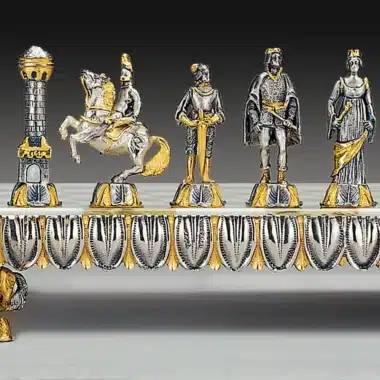 Ensemble "Renaissance Florentine" Echiquier et Jeu d'Echecs en Bronze, Onyx et Or 24 Carats