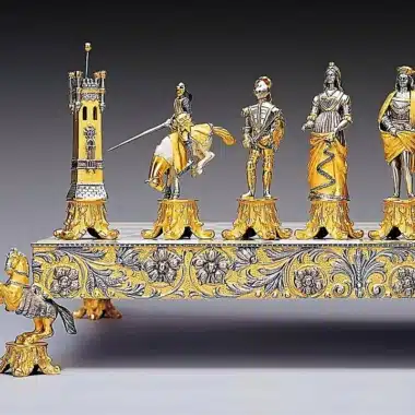 Ensemble "Médicis Vs Pazzi" Echiquier et Jeu d'Echecs en Bronze, Onyx et Or 24 Carats
