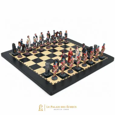 Ensemble Bataille de Troie, jeu d'échecs en étain sur échiquier en bois vue d'ensemble
