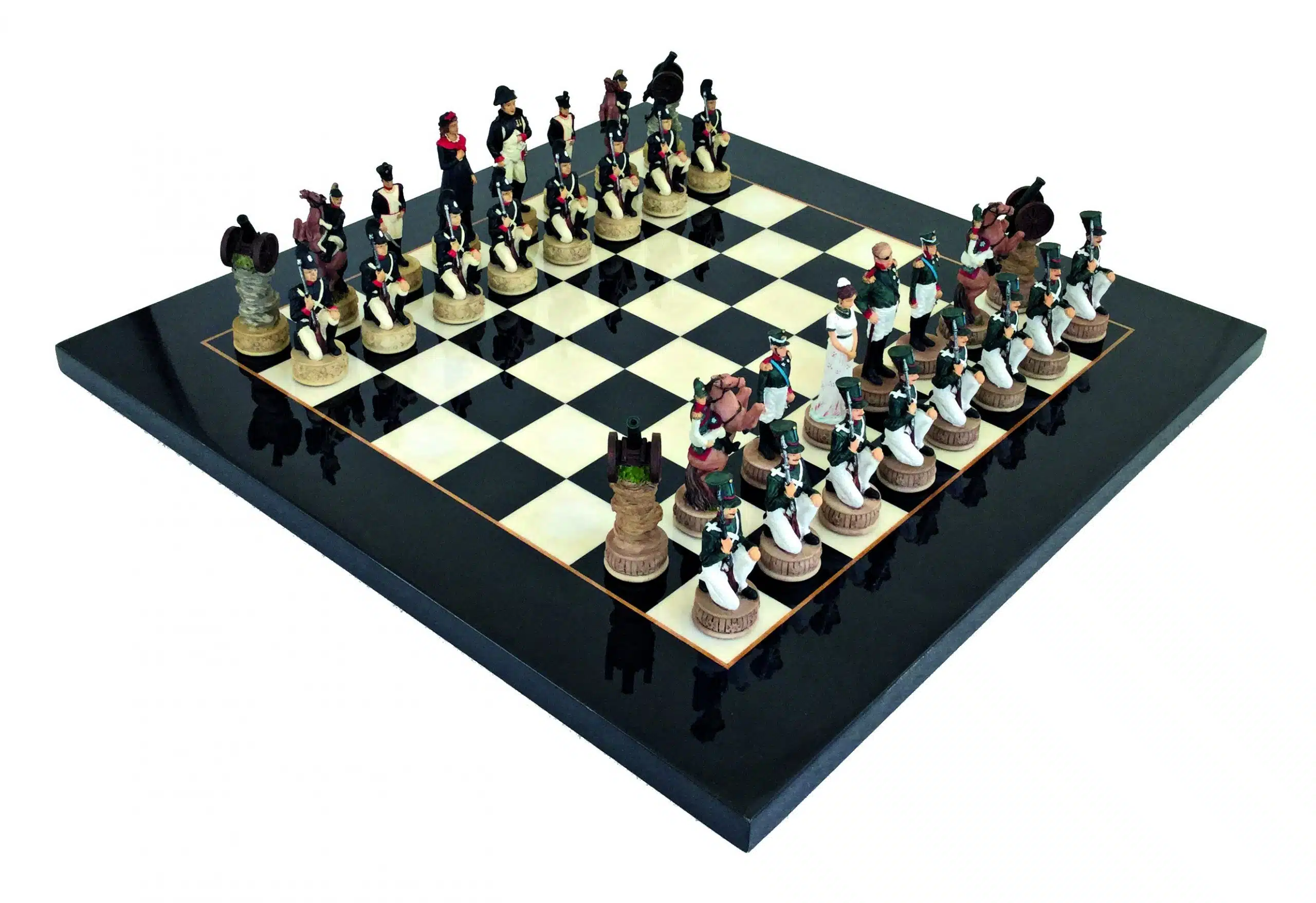 Ensemble Napoléon Campagne de Russie III Jeu d'Echecs en Résine et Echiquier en Bois d'Erable Noir