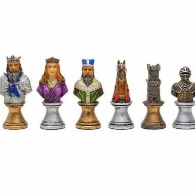 Ensemble "Buste Médieval" Echiquier en Bois d'Erable et de Noyer & Jeu d'Echecs Résine Peint à la Main