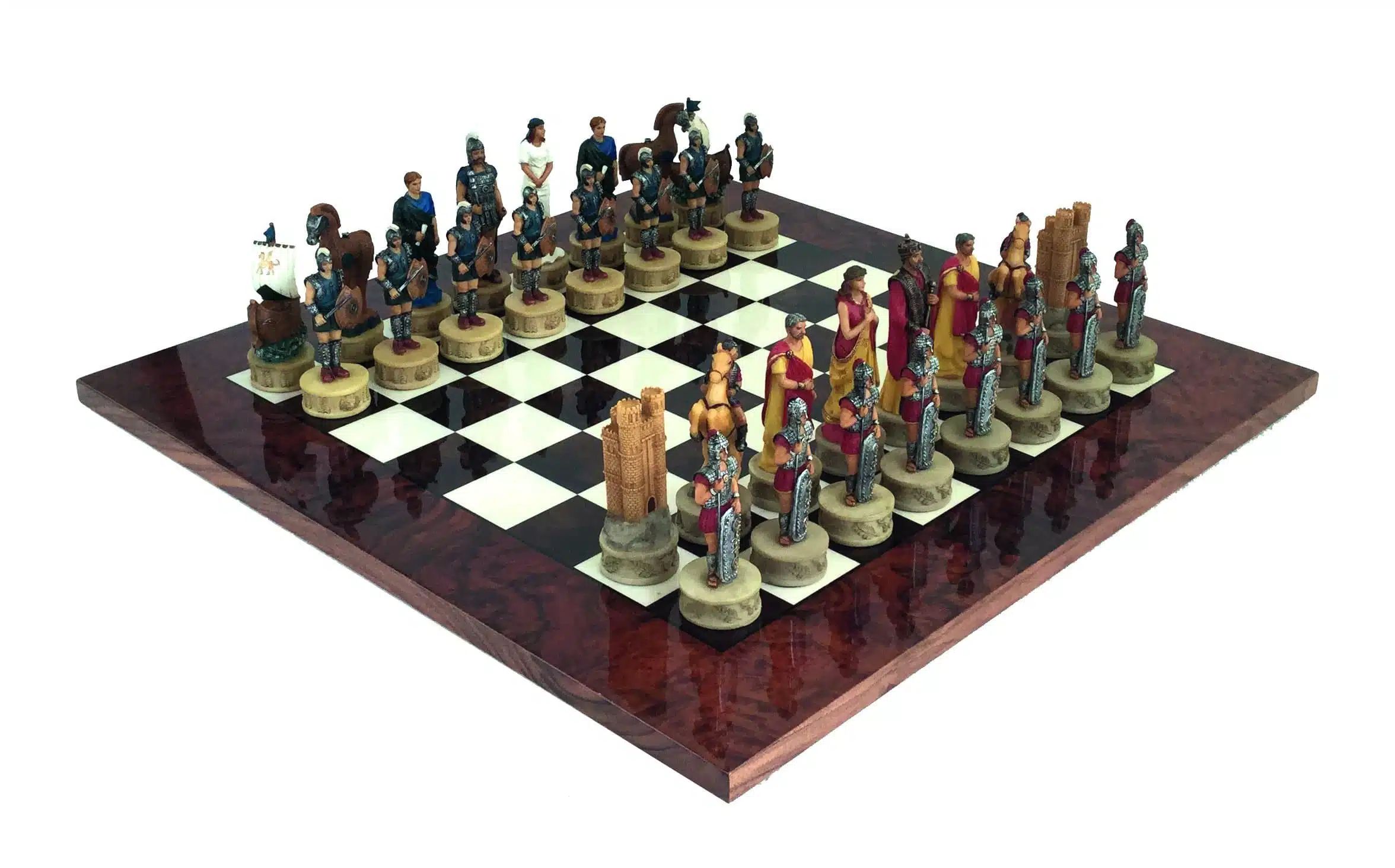 Ensemble Guerre de Troie I Echiquier en Racine de Noyer Brillant & Jeu d'Echecs en Résine