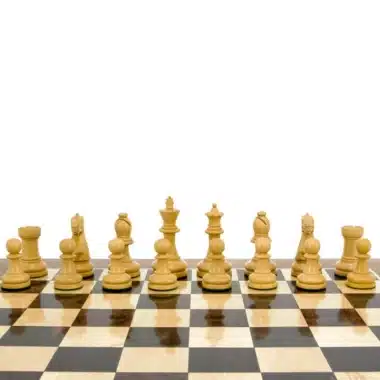 Pièces claires du jeu Staunton Supreme IV alignées sur l'échiquier