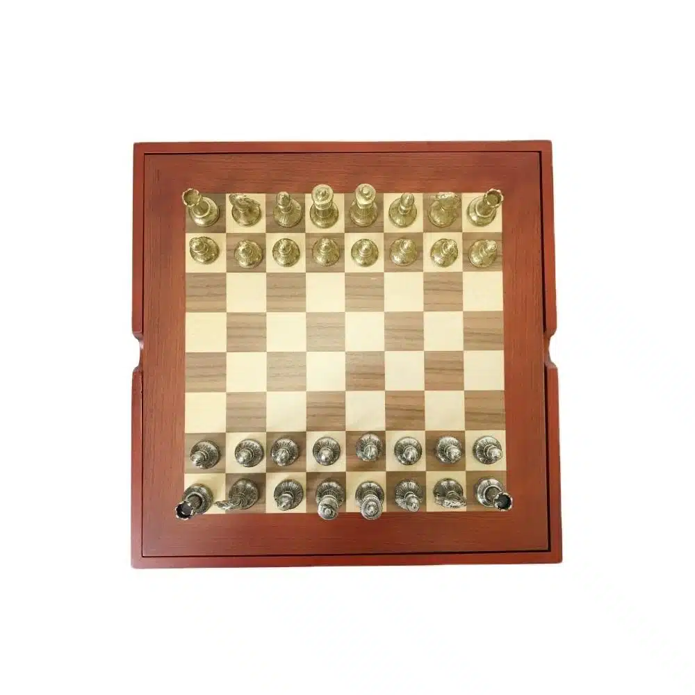Ensemble Mignon Flower XI Echiquier avec Rangement en Bois de Noyer et Erable et Jeu d'Echecs en Métal - Image 6