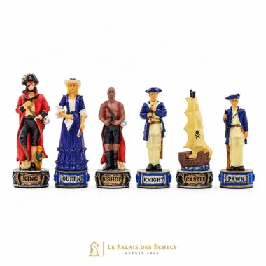 Détail des pièces d'échecs pirates : roi, dame, fou, cavalier, tour et pion