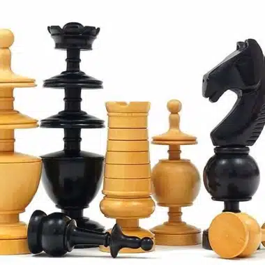 Pièces d'échecs Régence, cavalier noir, tour, dame et pions renversés en buis