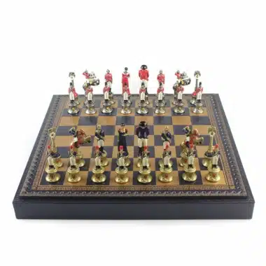 Ensemble Napoléon III Echiquier en Similicuir & Jeu d'Echecs en Métal Massif Peint à la Main