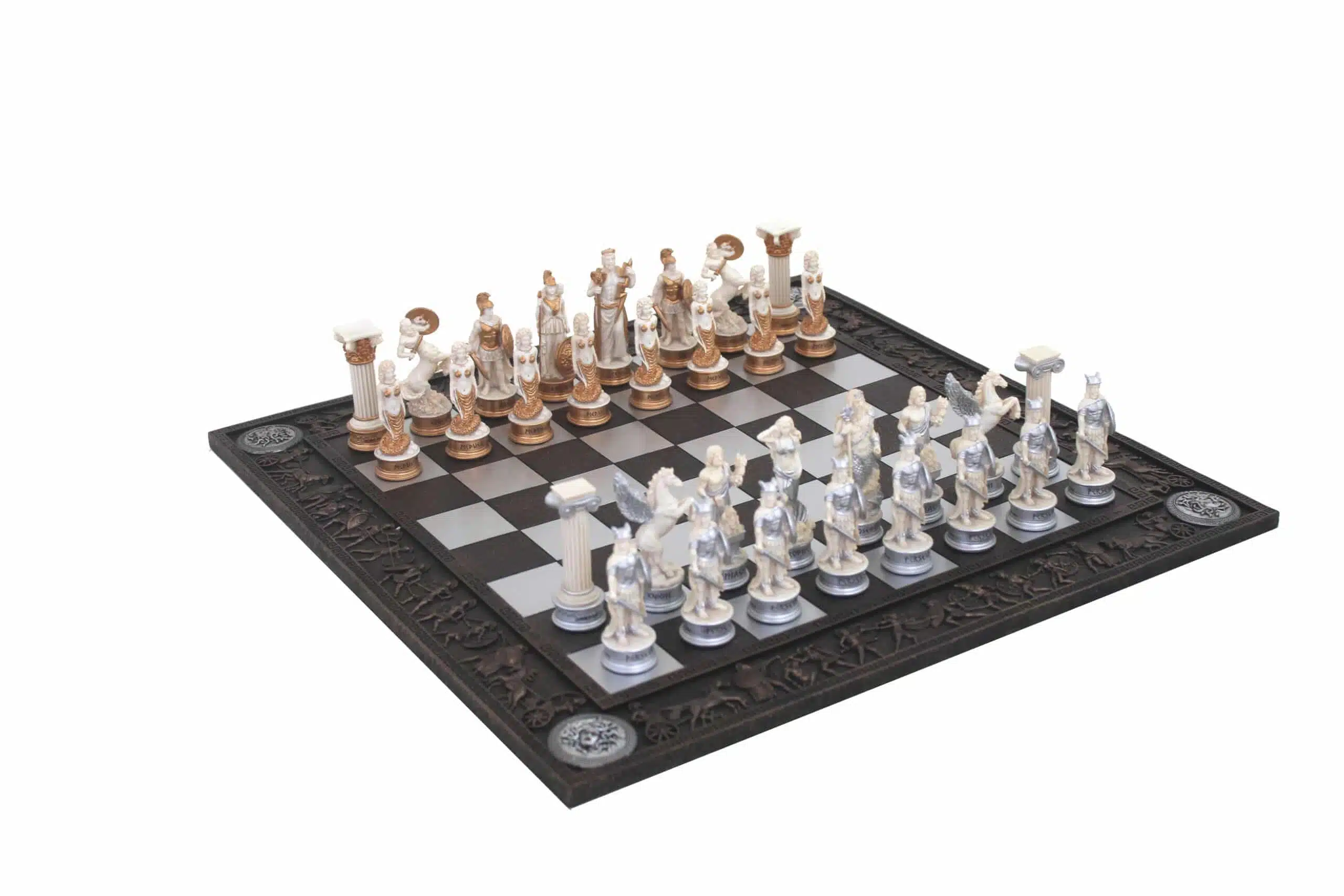 Jeu d'Echecs Mythologie Grecque Peint à la Main et Echiquier Grec Noir et Blanc