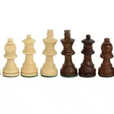Pièces d'échecs claires et foncées alignées, détail du roi, de la dame et du fou