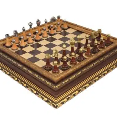 Jeu d'Echecs Staunton en Bois et Metal et Echiquier avec Rangement en Bois et Feuilles d'Or - Image 3