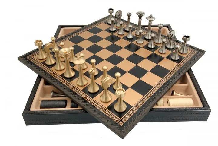 Jeu d'Échecs Contemporain - Échiquier et Backgammon à rangement en similicuir & Pièces en métal