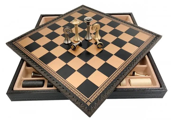 Jeu d'Échecs Contemporain - Échiquier et Backgammon à rangement en similicuir & Pièces en métal