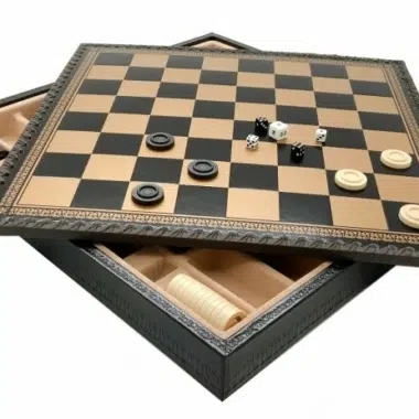 Jeu d'Échecs Contemporain - Échiquier et Backgammon à rangement en similicuir & Pièces en métal