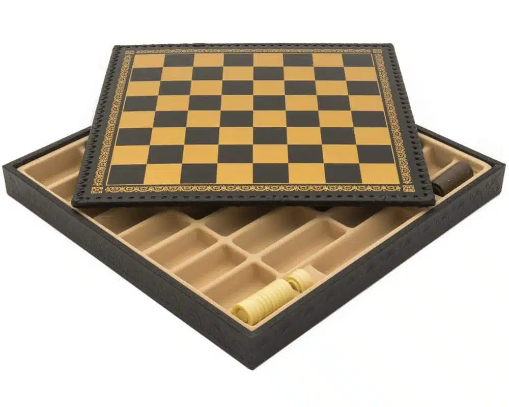 Jeu d'Échecs Contemporain - Échiquier et Backgammon à Rangement en Similicuir & Pièces en Laiton - Image 15