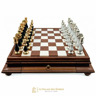 Jeu d'échecs Grand Oriental complet sur échiquier en bois et albâtre avec tiroir