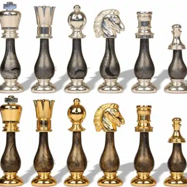 Alternative view of Jeu d'Échecs Luxe en Laiton Massif plaqué Or et Argent et Bois Laqué avec Échiquier en Érable de Bruyère - Roi 10 cm