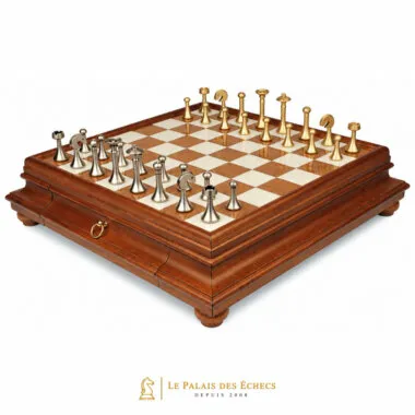 Jeu d'échecs complet avec échiquier en bois et albâtre, coffret à tiroir