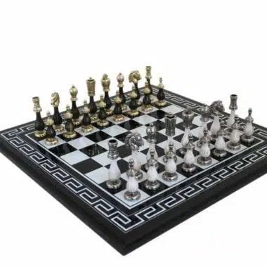 Jeu d'Echecs Arabesque - Échiquier en Bois Cadre Grec Noir & Jeu d'Échecs en Bois et Métal
