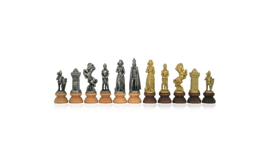 Jeu d'Echecs Mary Stuart - Échiquier sur Pied effet Laiton avec Cadre en Bois & Jeu d'Échecs en Métal et Bois - Image 3