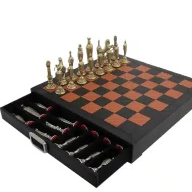 Jeu d'Echecs Renaissance Florentin en Métal & Échiquier en Cuir Véritable avec Tiroir de Rangement