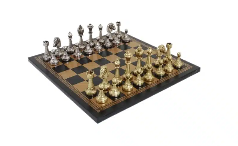 Jeu d'Echecs Staunton en Métal & Échiquier en Similicuir