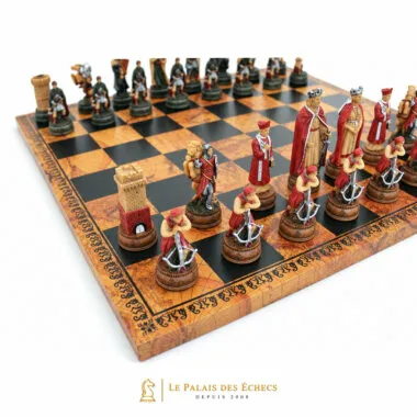 Pièces d'échecs Camelot alignées sur l'échiquier, vue rapprochée