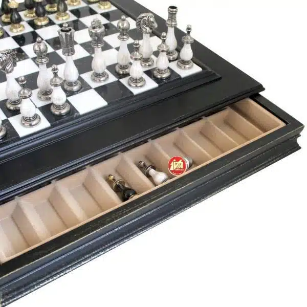 Jeu d'Echecs Noir et Blanc Staunton - Échiquier en Marbre et Bois avec Rangement & Jeu d'Échecs en Bois et Métal - Image 3