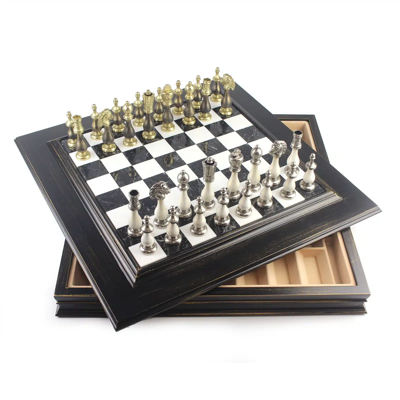 Jeu d'Echecs Noir et Blanc Staunton - Échiquier en Marbre et Bois avec Rangement & Jeu d'Échecs en Bois et Métal - Image 2