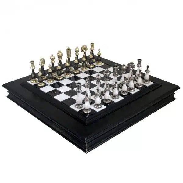 Jeu d'Echecs Noir et Blanc Staunton - Échiquier en Marbre et Bois avec Rangement & Jeu d'Échecs en Bois et Métal