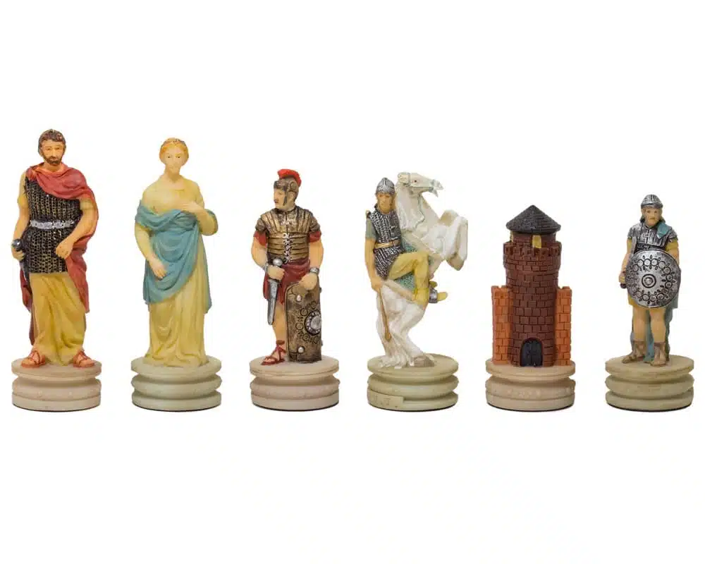 Jeu d'Echecs Conquete de la Grece par Rome en Résine & Échiquier en Similicuir Bordeaux et Doré - Image 4