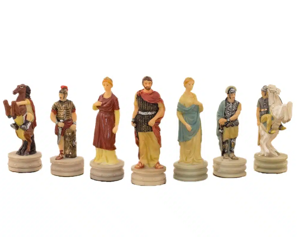 Jeu d'échecs Romains VS Grecs en Résine et Échiquier en Bois de Bruyère Bleu et Blanc - Image 4