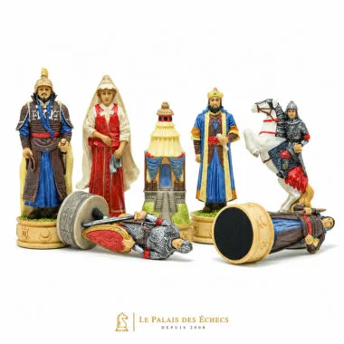 Pièces d'échecs détaillées représentant guerriers mongols et chevalier russe à cheval
