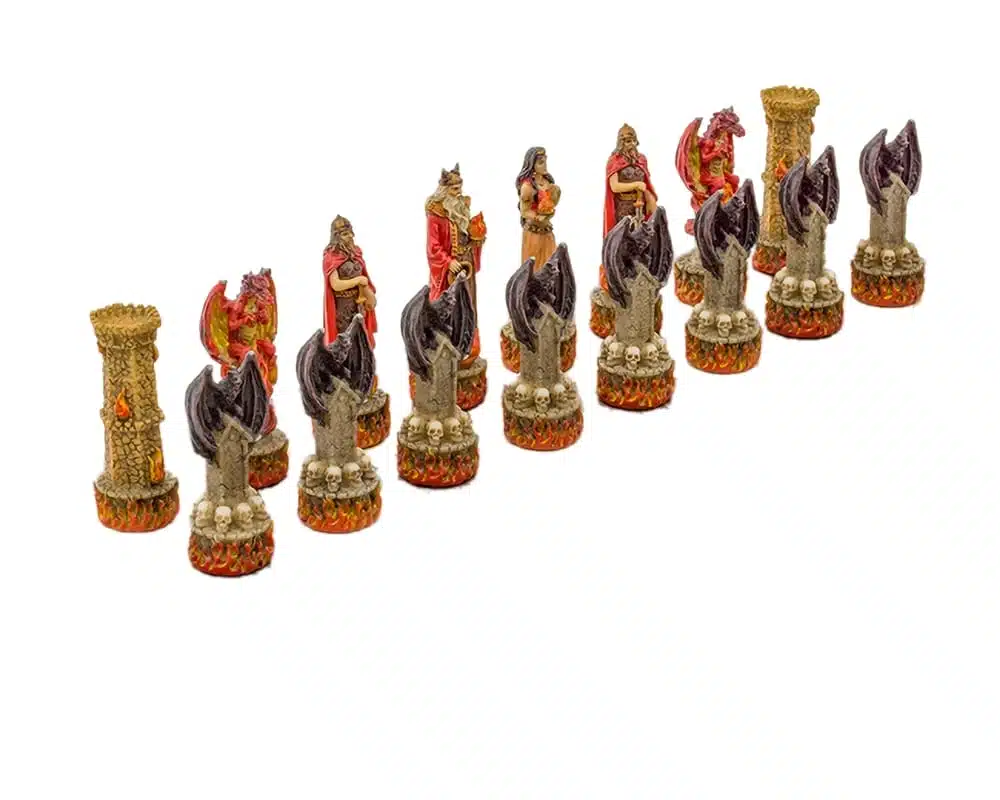 Jeu d'Echecs Fantasy Eau VS Feu en Résine & Echiquier en Similicuir avec Rangement - Image 4
